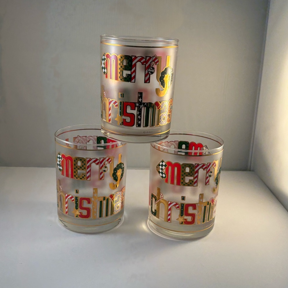 Set of 3‎ Culver Frosted Merry Christmas Old Fashioned Lowball Glasses 4” High